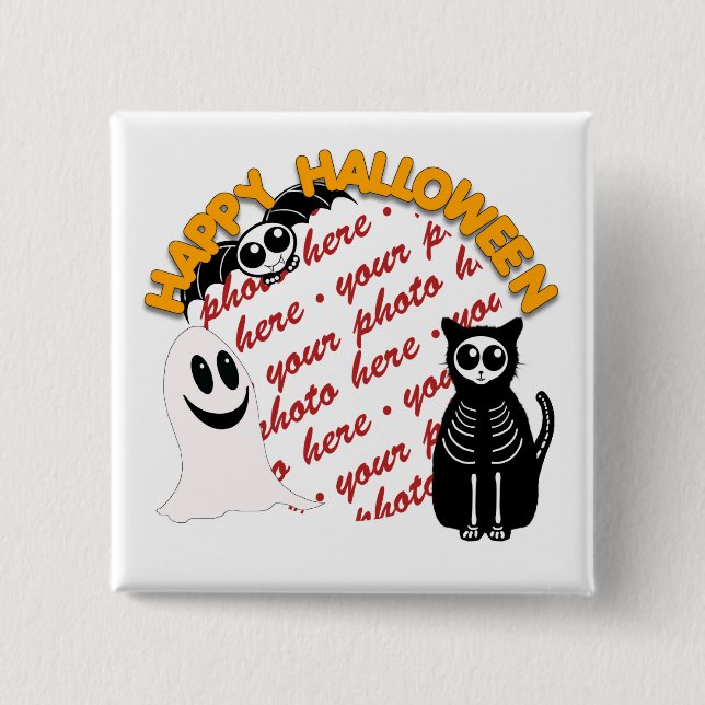 Badge Carré 5 Cm Cartoon Squelette Chat, chauve-souris et cadre pho (Devant)