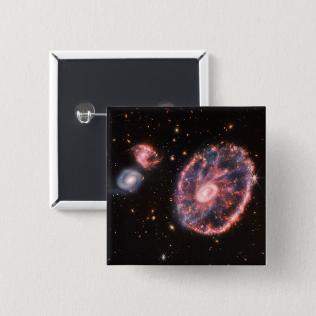 Badge Carré 5 Cm Cartwheel Galaxy, James Webb Télescope Spatial (Devant & derrière)