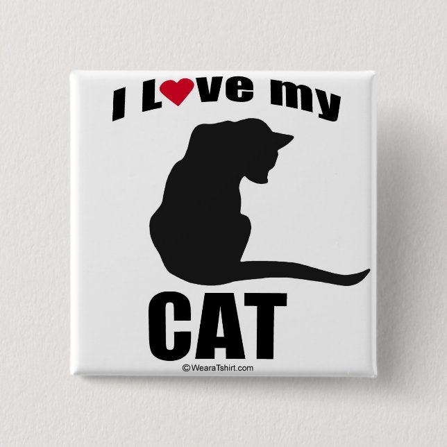 BADGE CARRÉ 5 CM CAT - "J'AIME MON CAT " (Devant)