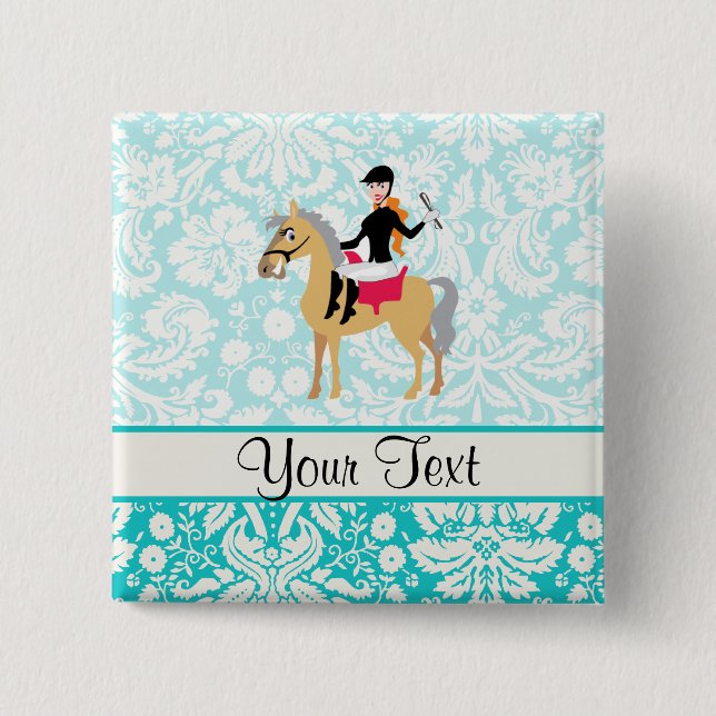 Badge Carré 5 Cm Cavalier turquoise de damassé (Devant)