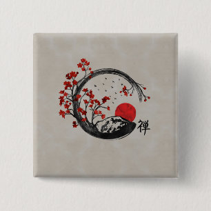 Badge Carré 5 Cm Cercle d'Enso de zen et branches de Sakura