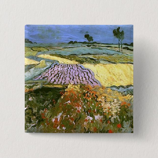 Badge Carré 5 Cm Champs de blé près d'Auvers Van Gogh (Devant)