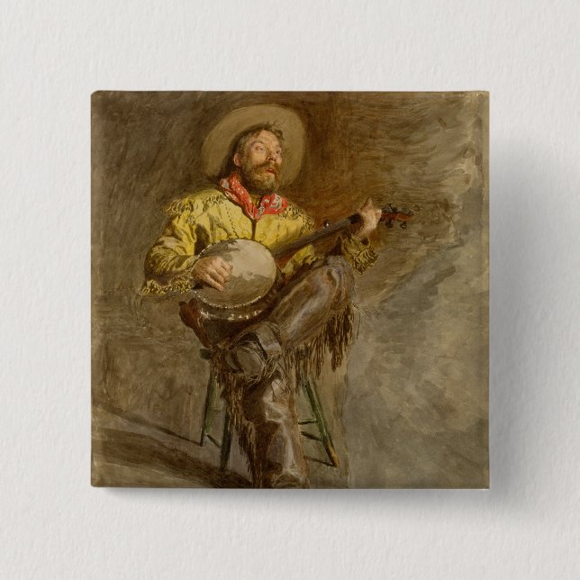 Badge Carré 5 Cm Chanter Espagnol Cowboy à Banjo jouer à la chanson (Devant)