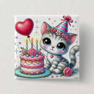 Badge Carré 5 Cm Chat adorable célébrant son anniversaire avec un g