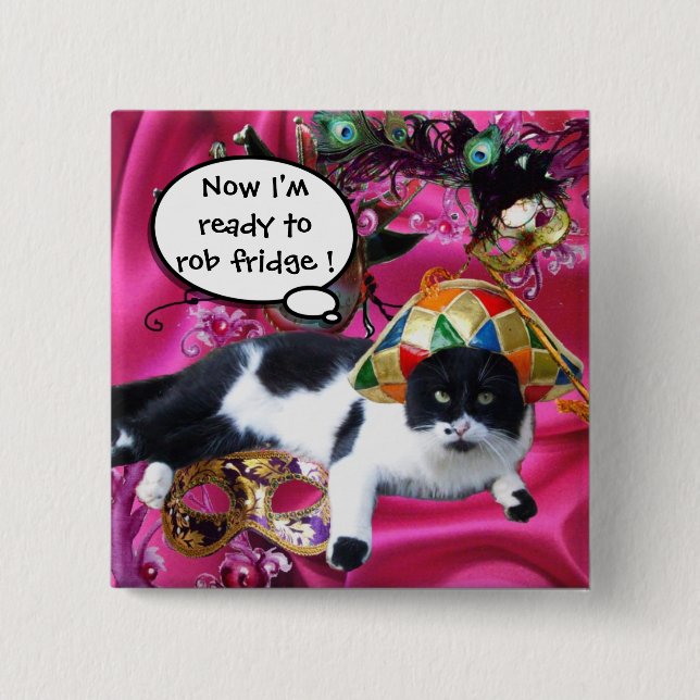 BADGE CARRÉ 5 CM CHAT AVEC CASQUETTE HARLEQUIN ET MASQUERADE DE FÊT (Devant)