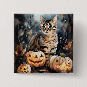 Badge Carré 5 Cm Chat Bengal d'Halloween avec citrouilles effrayant