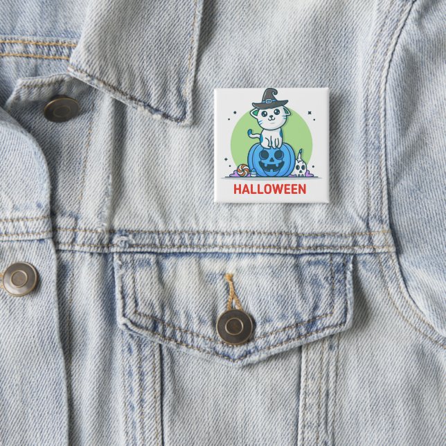 Badge Carré 5 Cm Chat citrouille (En situation)