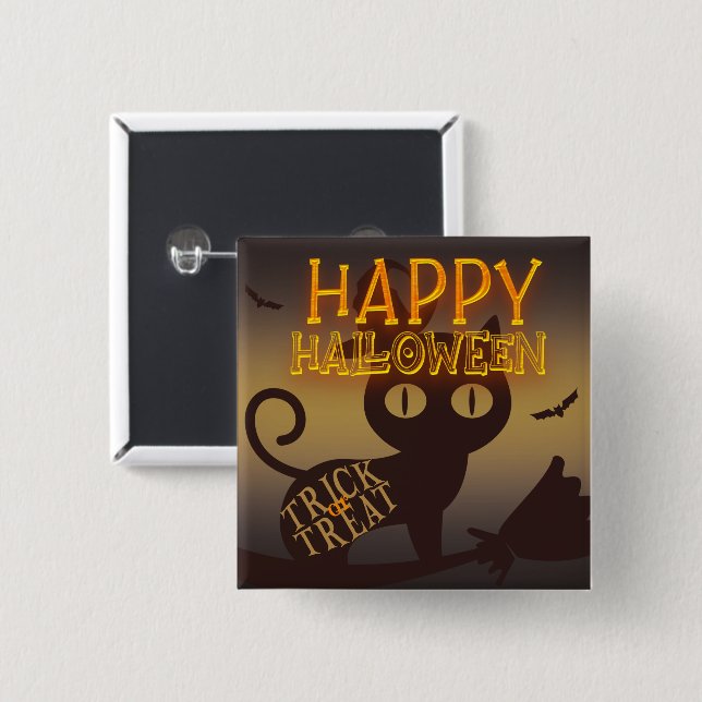 Badge Carré 5 Cm Chat de sorcière Halloween heureux (Devant & derrière)