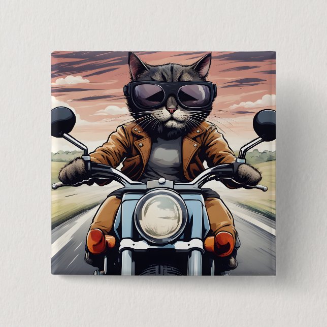 Badge Carré 5 Cm Chat en moto (Devant)