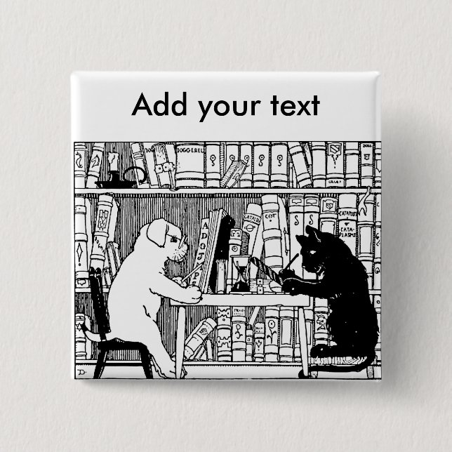 Badge Carré 5 Cm Chat et chien dans la bibliothèque (Devant)