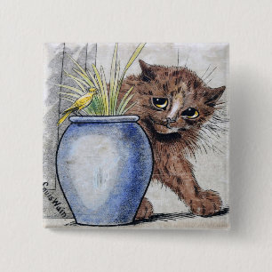 Badge Carré 5 Cm Chat et petit oiseau jaune, Louis Wain