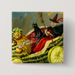 Badge Carré 5 Cm Chat et sorcière vintage d'Halloween noir