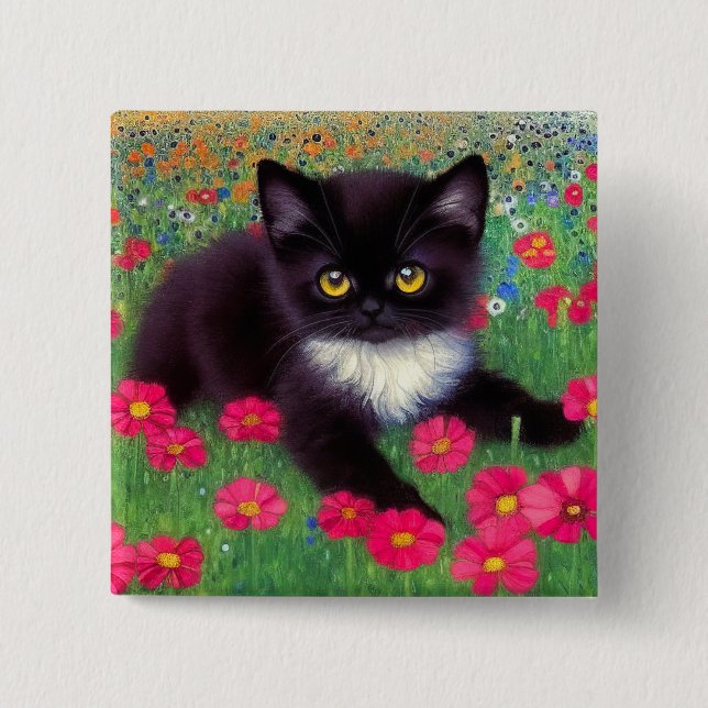 Badge Carré 5 Cm Chat Gustav Klimt Tuxedo (Devant)