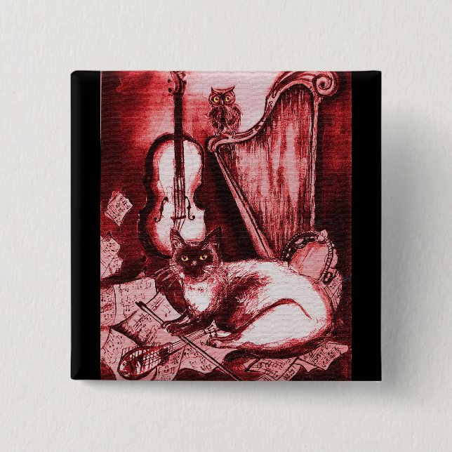 Badge Carré 5 Cm CHAT MUSICAL AVEC OWL, Rouge, Blanc Noir (Devant)