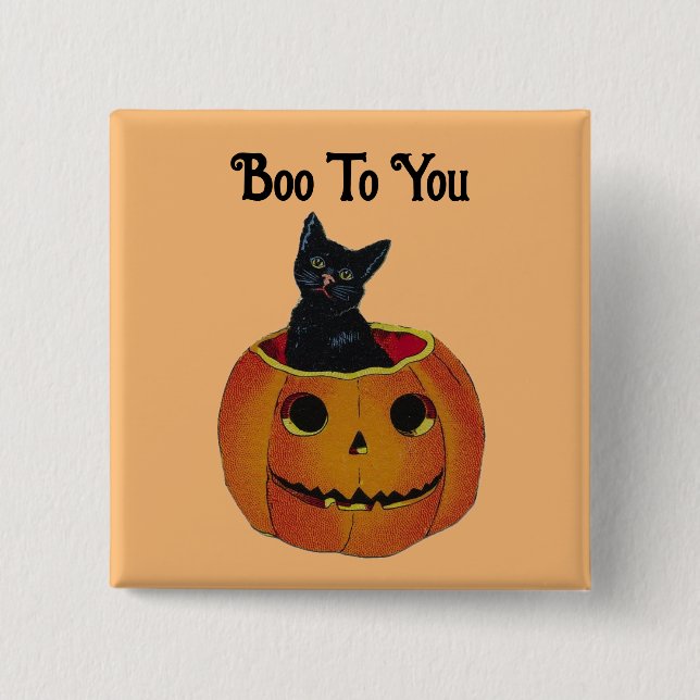 Badge Carré 5 Cm Chat noir dans la broche du bouton Citrouille (Devant)