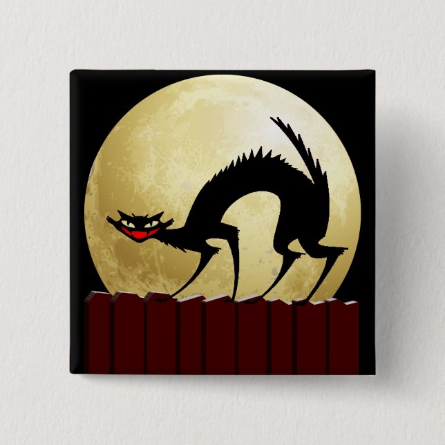 Badge Carré 5 Cm Chat noir d'Halloween avec Pleine lune (Devant)