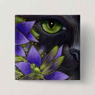 Badge Carré 5 Cm Chat noir & Libellule Bouton