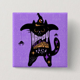 Badge Carré 5 Cm Chat noir rétro drôle Halloween  