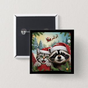 Badge Carré 5 Cm Chat selfie avec le traîneau du Père Noël Raccoon