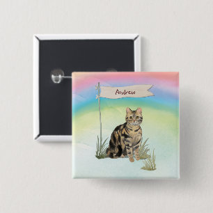 Badge Carré 5 Cm Chat tigré à nom personnalisé