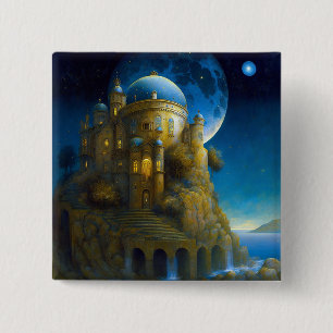 Badge Carré 5 Cm Château Imaginaire Lune Paysage