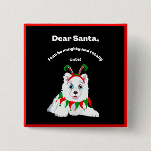 Badge Carré 5 Cm Cher Père Noël, coquin mais mignon Samoyed Elf