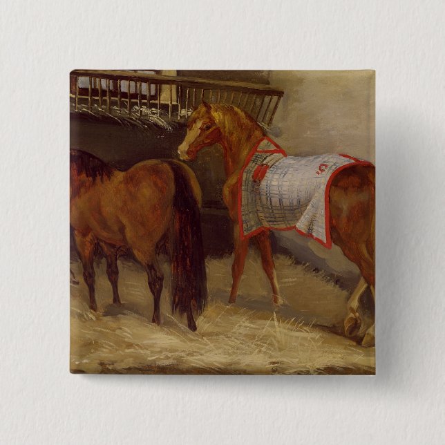 Badge Carré 5 Cm Chevaux dans les écuries (Devant)