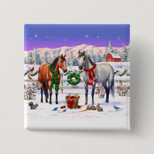 Badge Carré 5 Cm Chevaux de Noël dans la neige