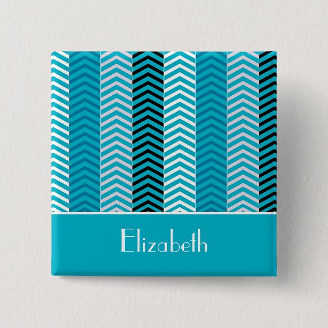 Badge Carré 5 Cm Chevron Turquoise Moderne Grilles Avec Nom (Devant)