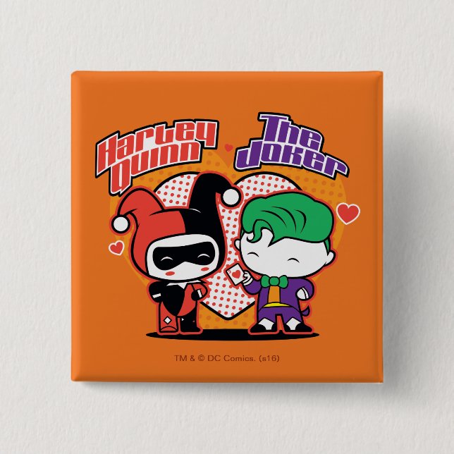 Badge Carré 5 Cm Chibi Harley Quinn et Chibi Coeurs joker (Devant)