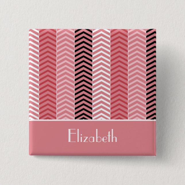 Badge Carré 5 Cm Chic moderne rose Chevron rayures et nom (Devant)