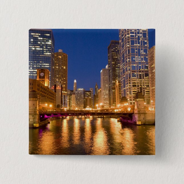Badge Carré 5 Cm Chicago, Illinois, Skyline et Chicago River à (Devant)