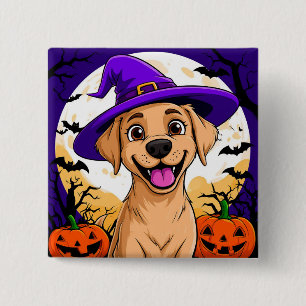 Badge Carré 5 Cm Chien adorable avec un chapeau de sorcière