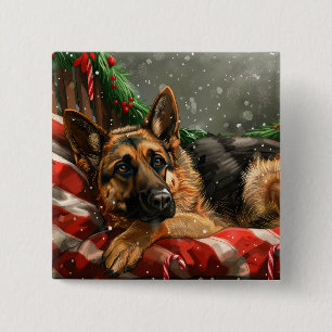 Badge Carré 5 Cm Chien berger allemand Noël Festif