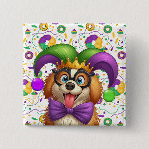 Badge Carré 5 Cm Chien chiot mignon Mardi Gras en casquette jester