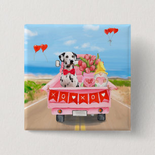 Badge Carré 5 Cm Chien dalmate Saint Valentin Coeurs de Camion