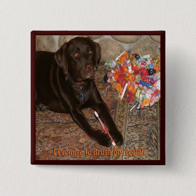 Badge Carré 5 Cm Chien d'Halloween avec dent sucrée (Devant)