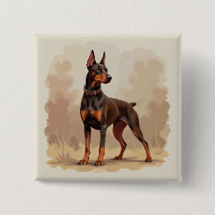 Badge Carré 5 Cm Chien Doberman Pinscher Brun Rouille Rouge