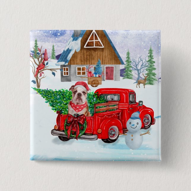 Badge Carré 5 Cm Chien-taureau Anglais En Livraison De Noël Camion  (Devant)