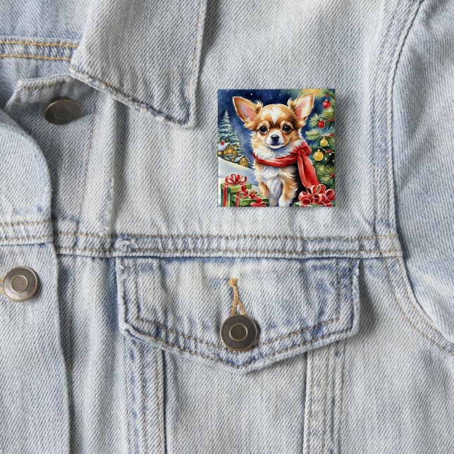 Badge Carré 5 Cm Chihuahua célèbre Noël (En situation)
