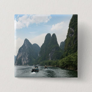 Badge Carré 5 Cm Chine, Guilin, rivière Li, bateaux de rivière bord