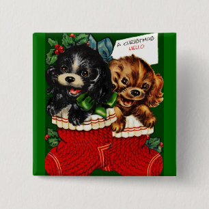 Badge Carré 5 Cm Chiots de Noël bonjour