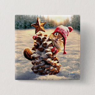 Badge Carré 5 Cm Chipmunk Avec Pine Cone Tree
