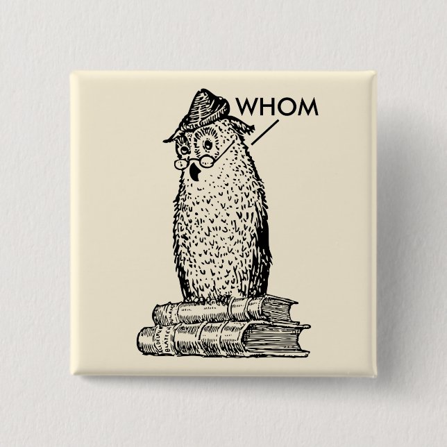 Badge Carré 5 Cm Chouette de grammaire qui/qui (Devant)
