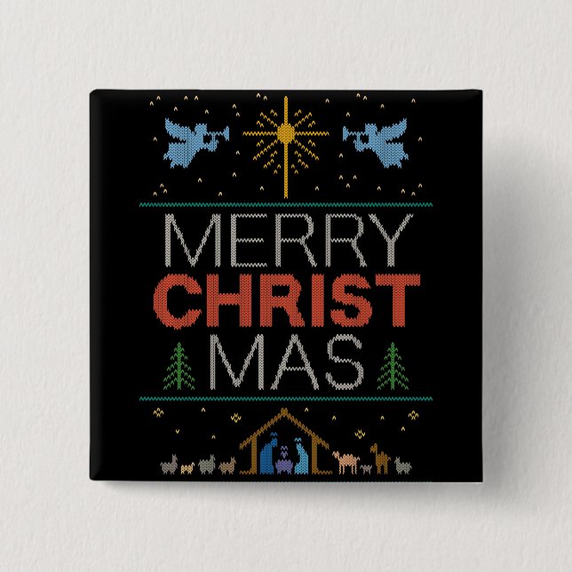 Badge Carré 5 Cm Chrétien religieux moche joyeux pull Noël (Devant)