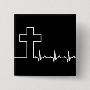 Badge Carré 5 Cm Chrétiens Cross Heartbeat Life EKG ECG