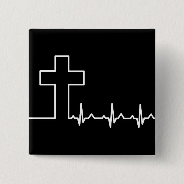 Badge Carré 5 Cm Chrétiens Cross Heartbeat Life EKG ECG (Devant)