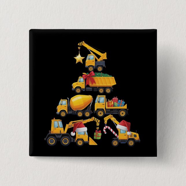 Badge Carré 5 Cm Christmas Excavator Construction Truck Tree (Devant)