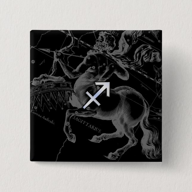 Badge Carré 5 Cm Chrome Comme Sagittarius Signe Zodiaque Hevelius D (Devant)