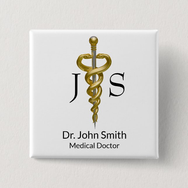 Badge Carré 5 Cm Classé Médicale Noble Elegant Or Argent Asclepius (Devant)